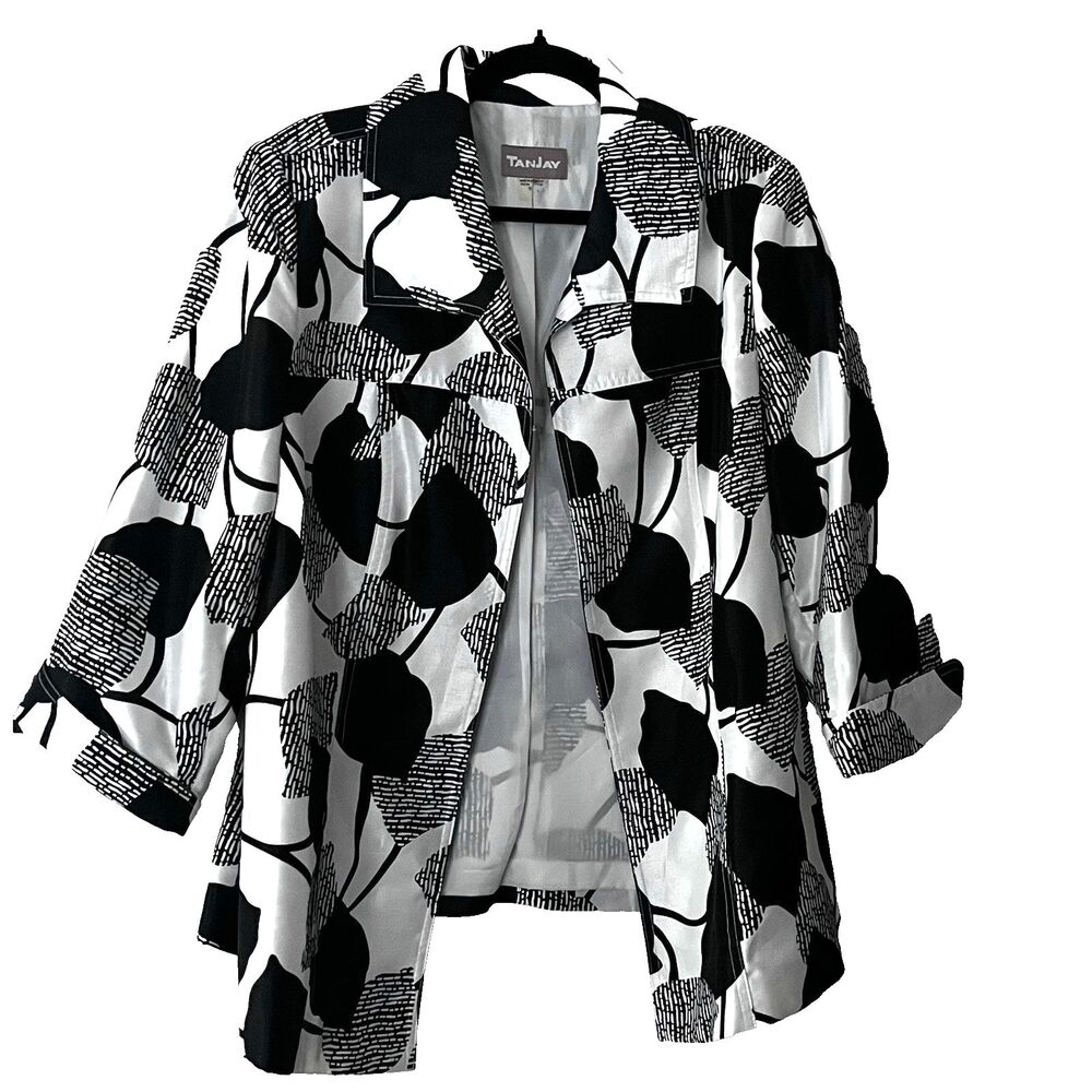 TanJay Blazer Women 16 Reg‎ White Floral Open Front Collared 3/4 Sleeve